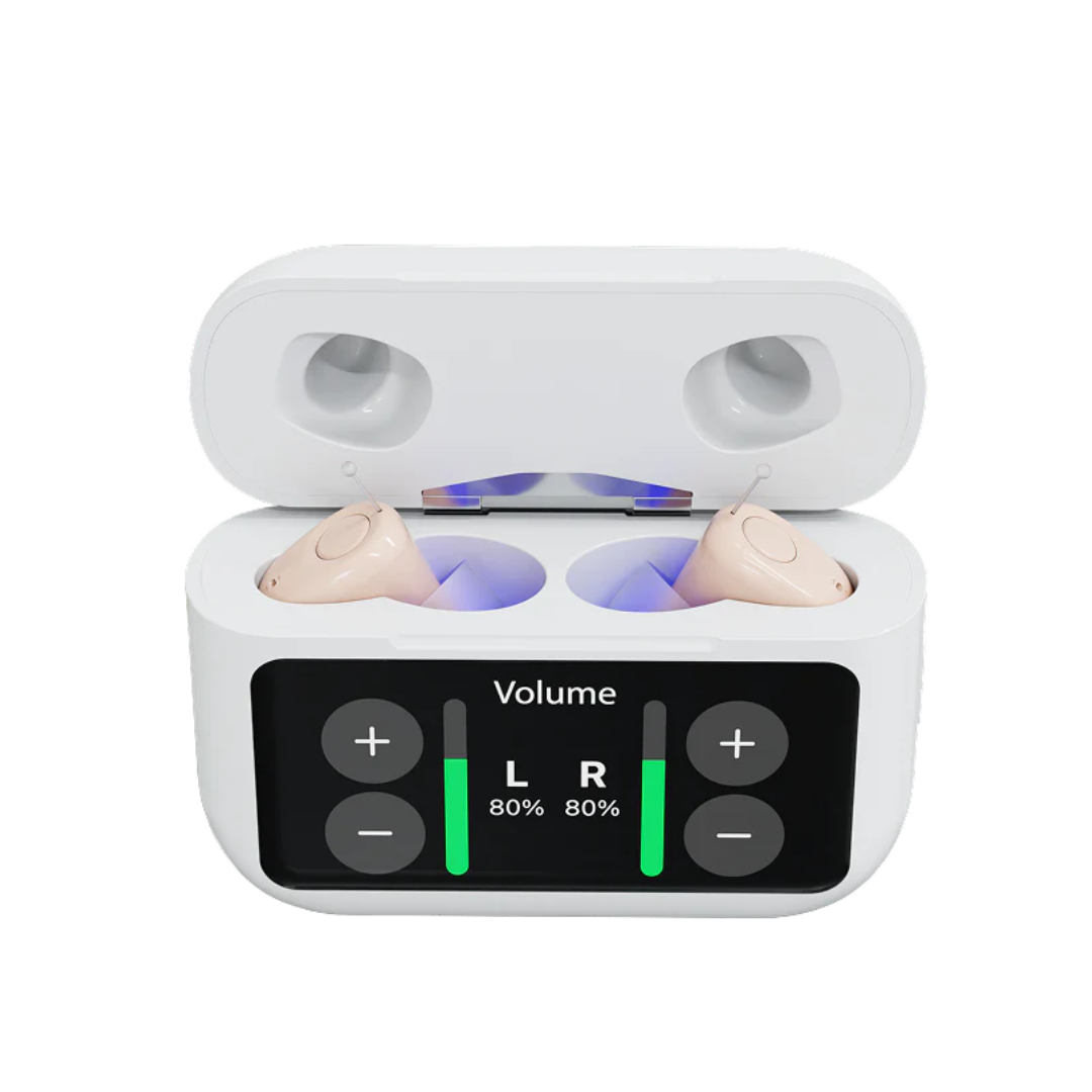 Audien Hearing Atom X Hearing Aids come in beige with a white portable charging case featuring a digital display that shows volume controls and 80% battery levels for both left and right hearing aids.